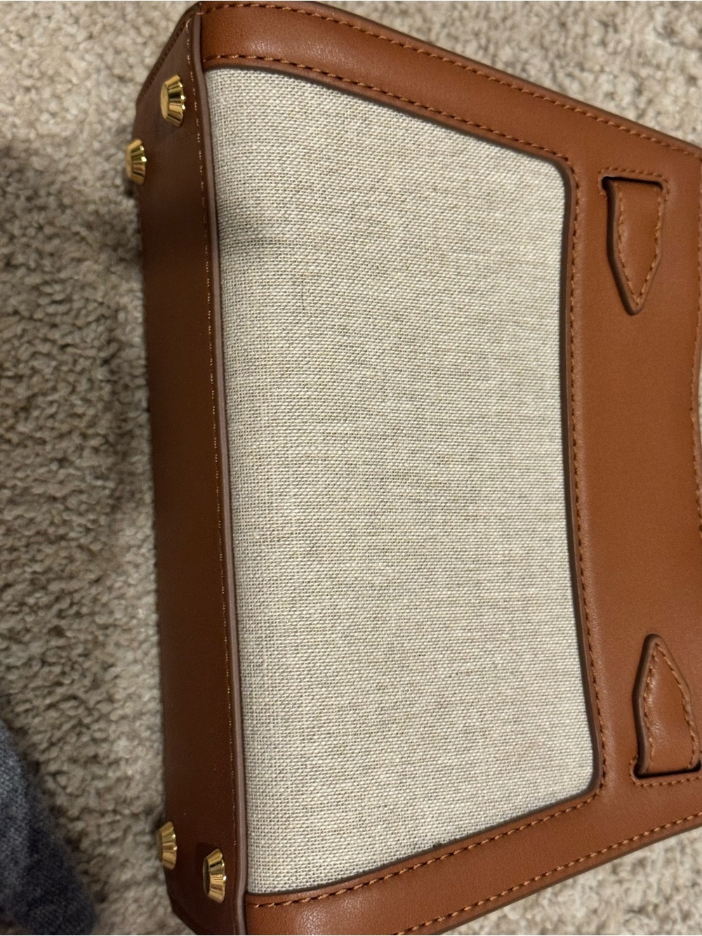Veronica Beard Tan Leather & Cream Canvas Satchel with Gold Accent - Picture 9 of 10